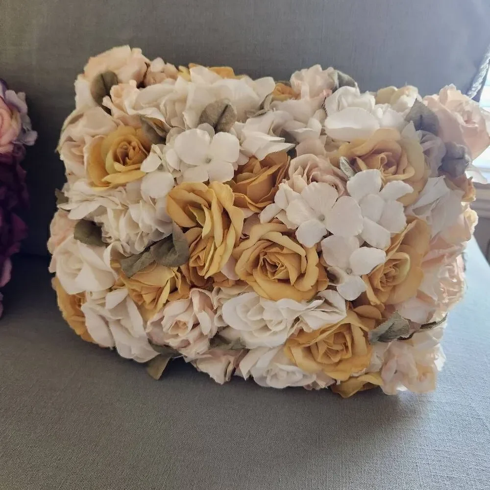 Decorative rose floral bouquet pillow bundle of 2 purple yellow